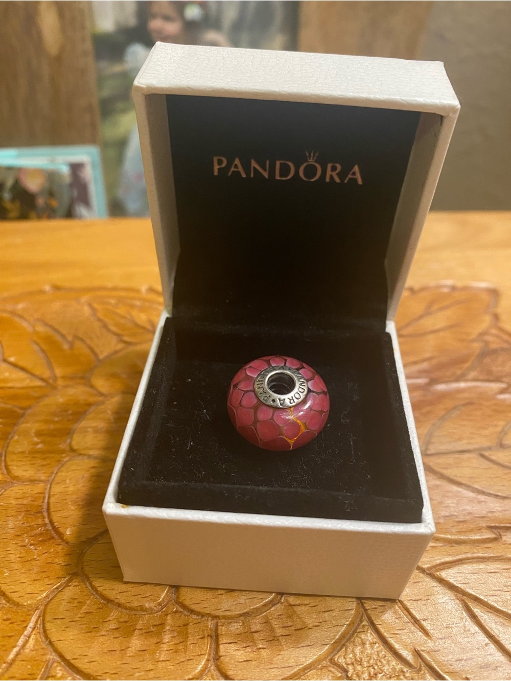 Pandora Pink Floral XL Jumbo Murano Glass Charm with Silver Core